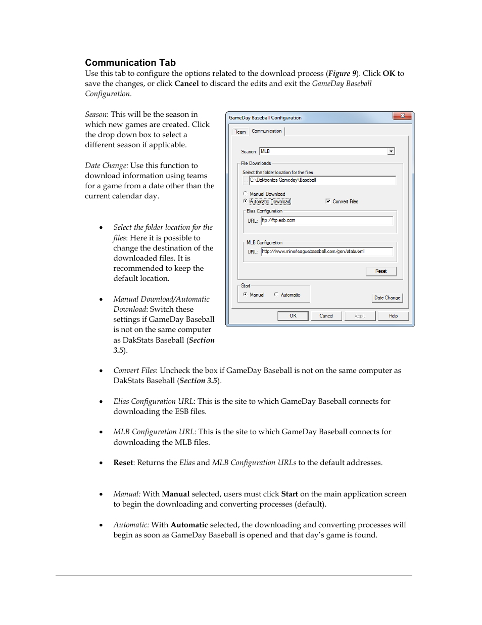 Communication tab, File downloads, Start | Daktronics GameDay Baseball User Manual | Page 16 / 34