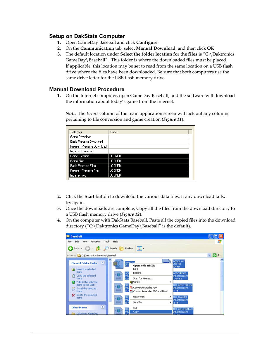 Setup on dakstats computer, Manual download procedure | Daktronics GameDay Baseball User Manual | Page 18 / 34