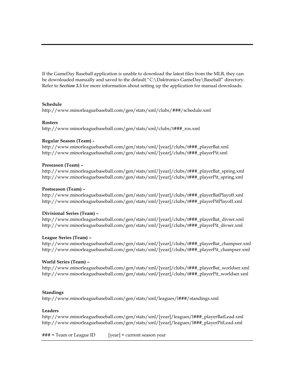 Appendix e: mlb files & id codes, Appendix e, Mlb files & id codes | Mlb files | Daktronics GameDay Baseball User Manual | Page 33 / 34