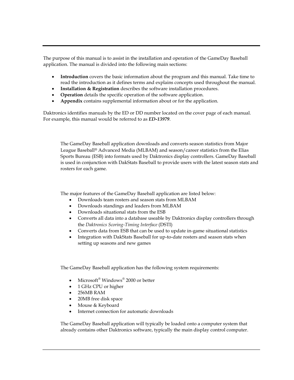 Section 1: introduction, 1 software overview, 2 major features | 3 system requirements, Section 1, Introduction, Software overview, Major features, System requirements | Daktronics GameDay Baseball User Manual | Page 7 / 34