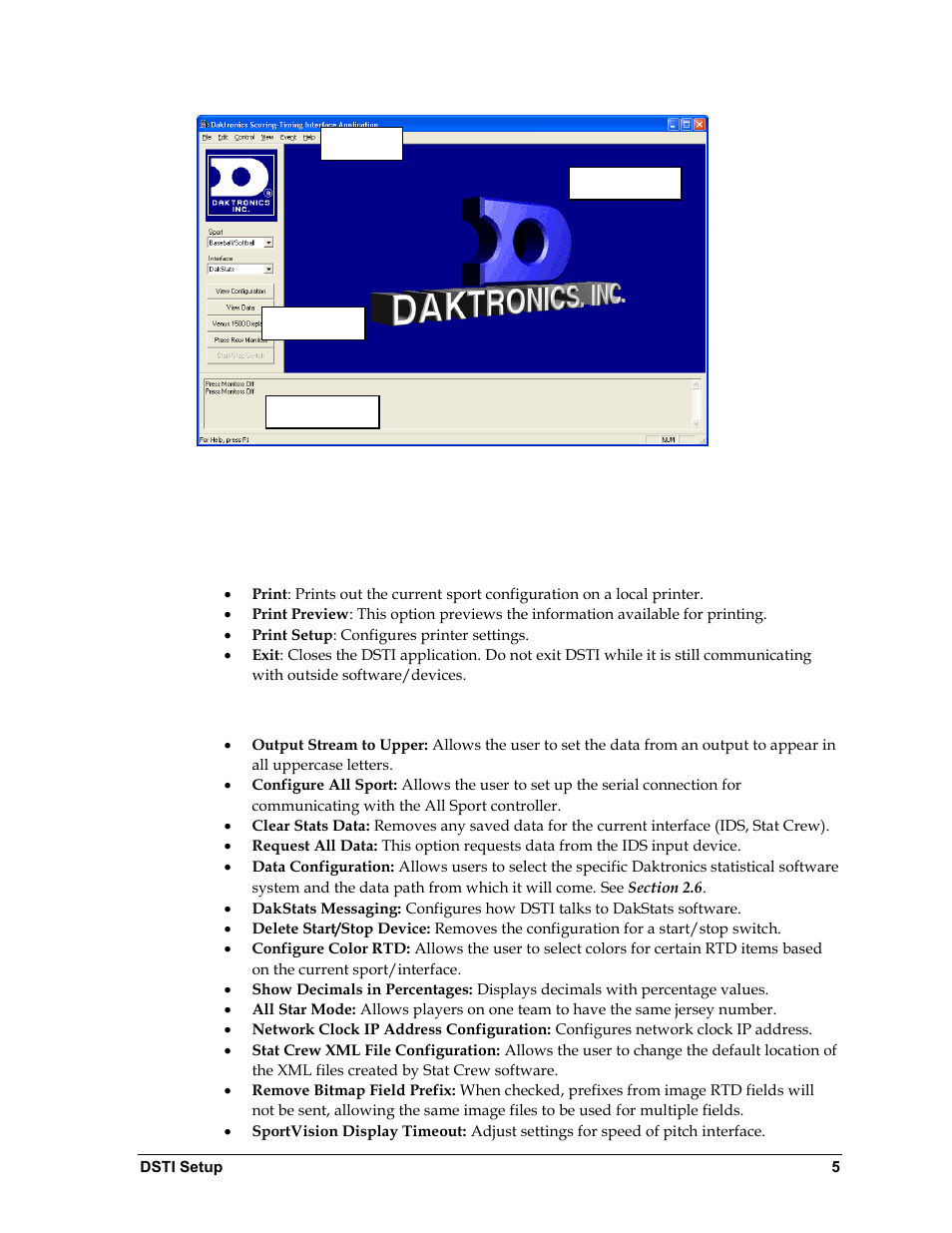 5 menu options, File menu, Edit menu | Menu options | Daktronics ScoringTiming Interface (DSTI) User Manual | Page 11 / 20