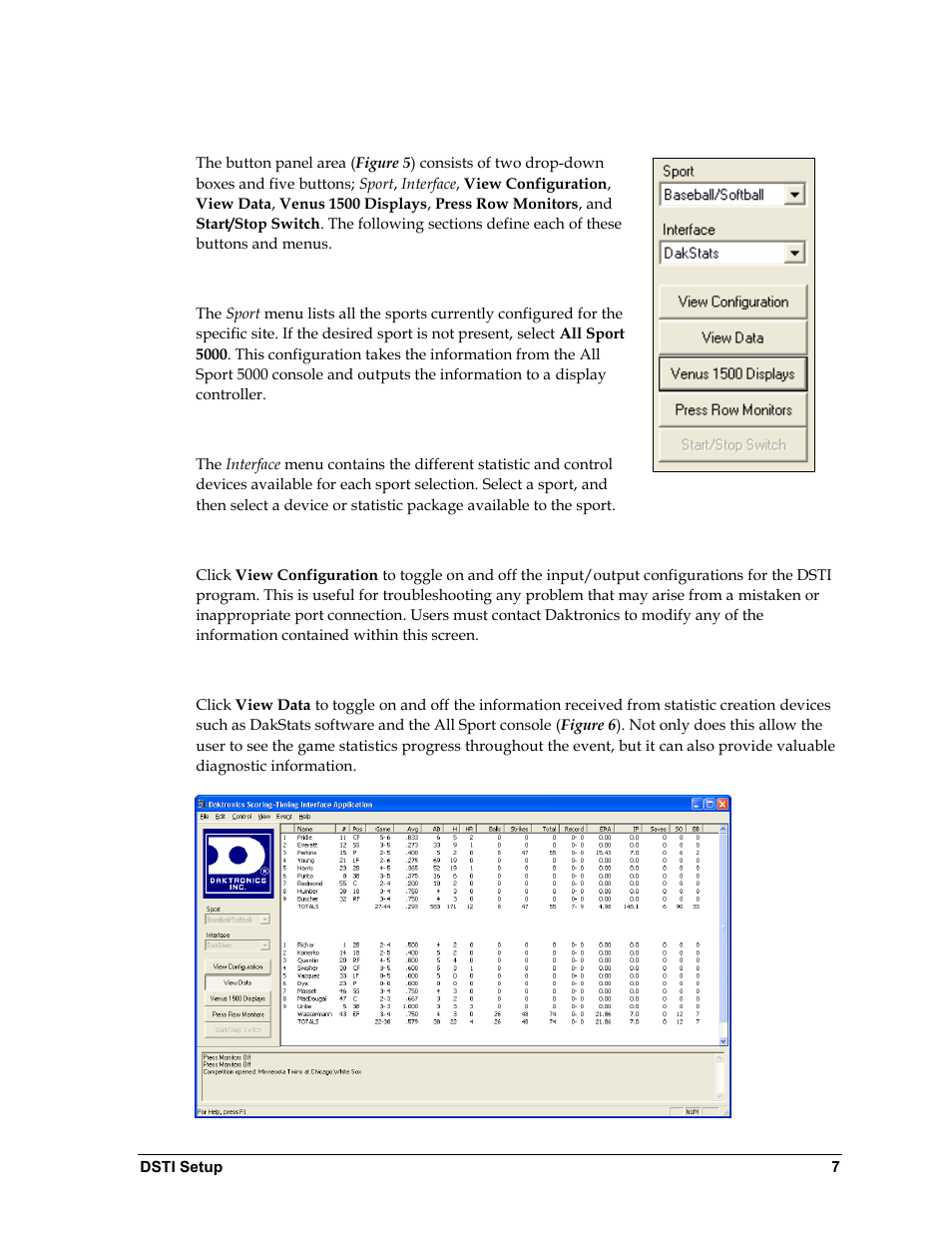 7 button panel area, Sport menu, Interface menu | View configuration, View data, Button panel area | Daktronics ScoringTiming Interface (DSTI) User Manual | Page 13 / 20