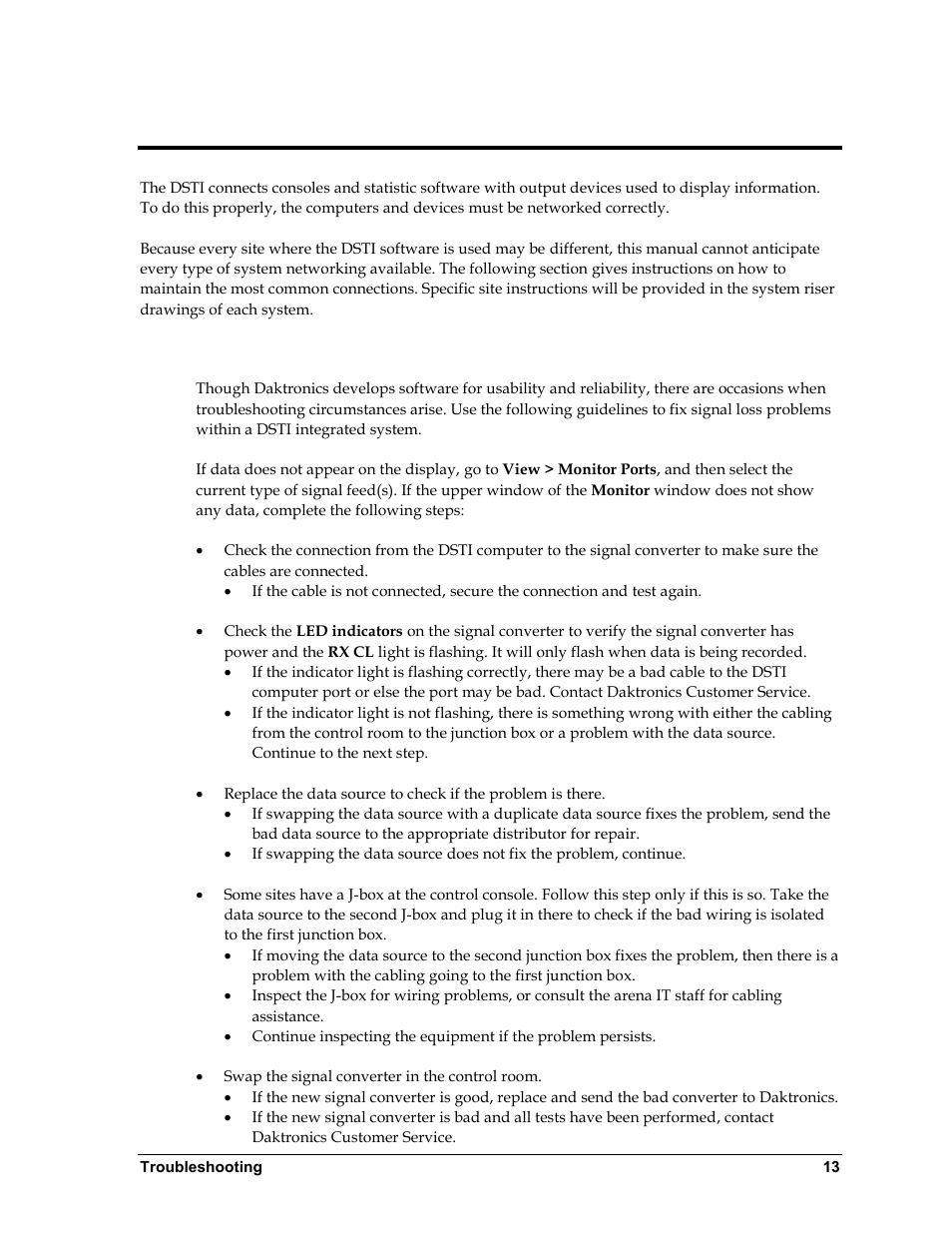 Section 4: troubleshooting, Section 4, Troubleshooting | Daktronics ScoringTiming Interface (DSTI) User Manual | Page 19 / 20
