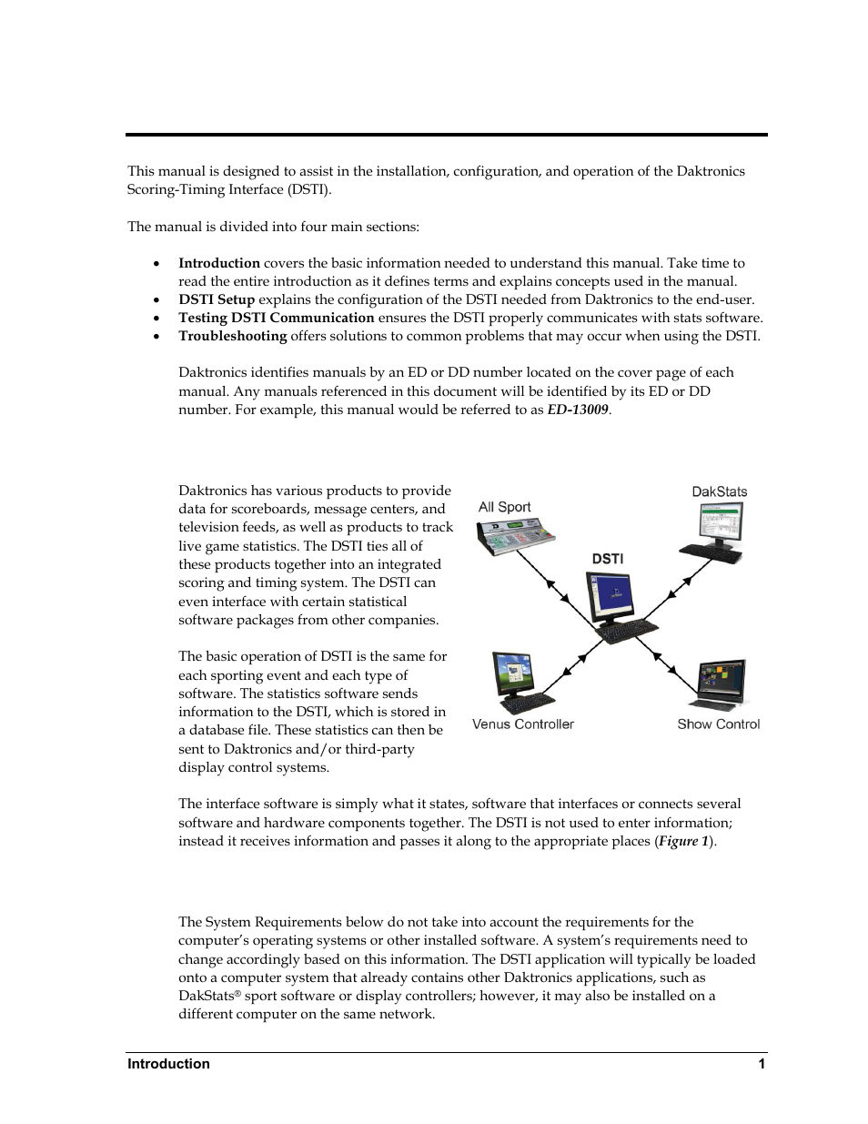 Section 1: introduction, 1 theory of operation, 2 system requirements | Section 1, Introduction, Theory of operation, System requirements | Daktronics ScoringTiming Interface (DSTI) User Manual | Page 7 / 20