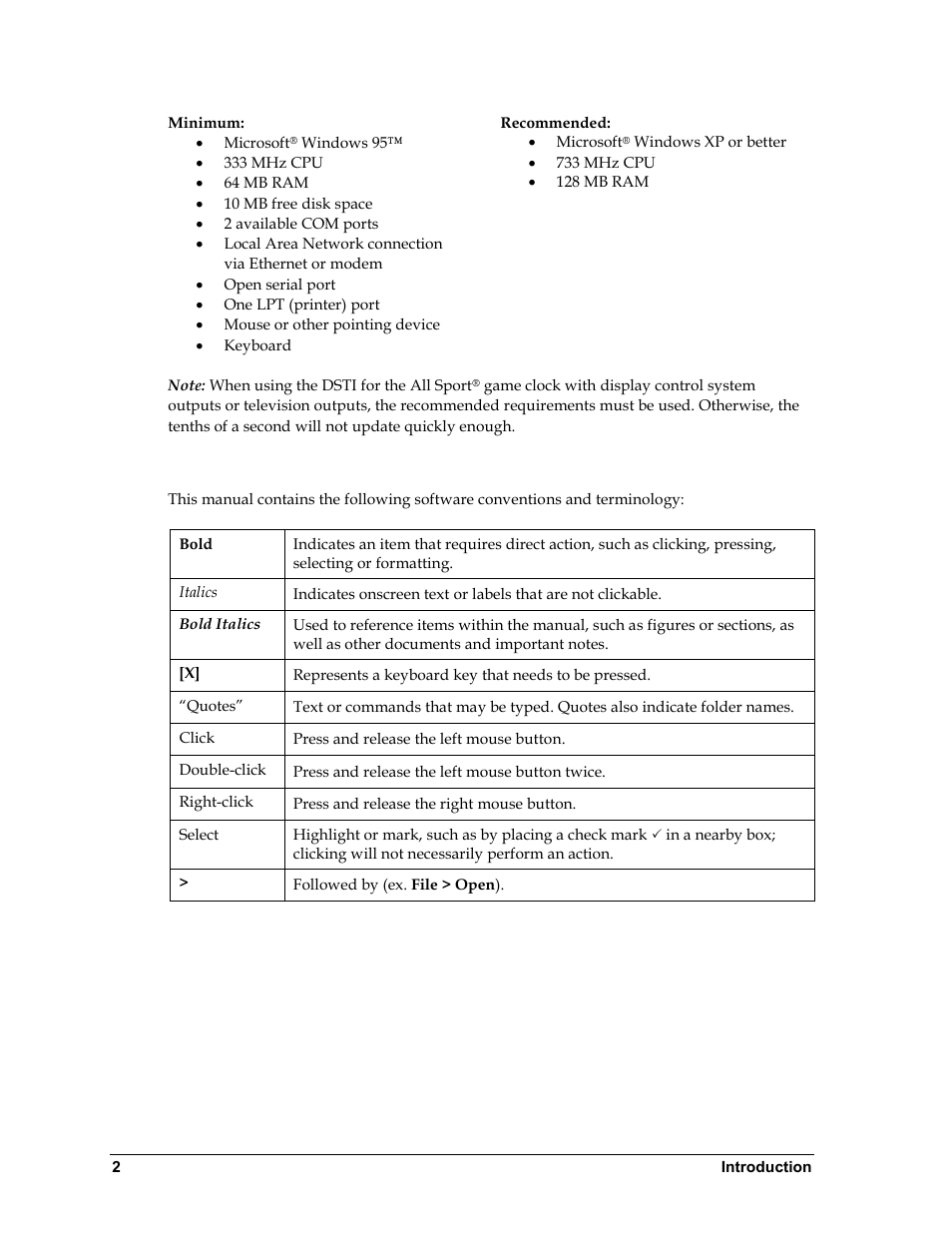 3 software conventions, Software conventions | Daktronics ScoringTiming Interface (DSTI) User Manual | Page 8 / 20