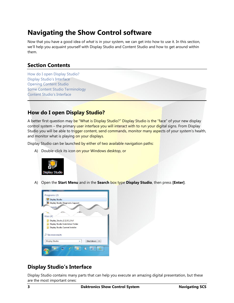 Navigating the show control software, How do i open display studio, Display studio’s interface | Daktronics Show Control System User Manual | Page 10 / 146