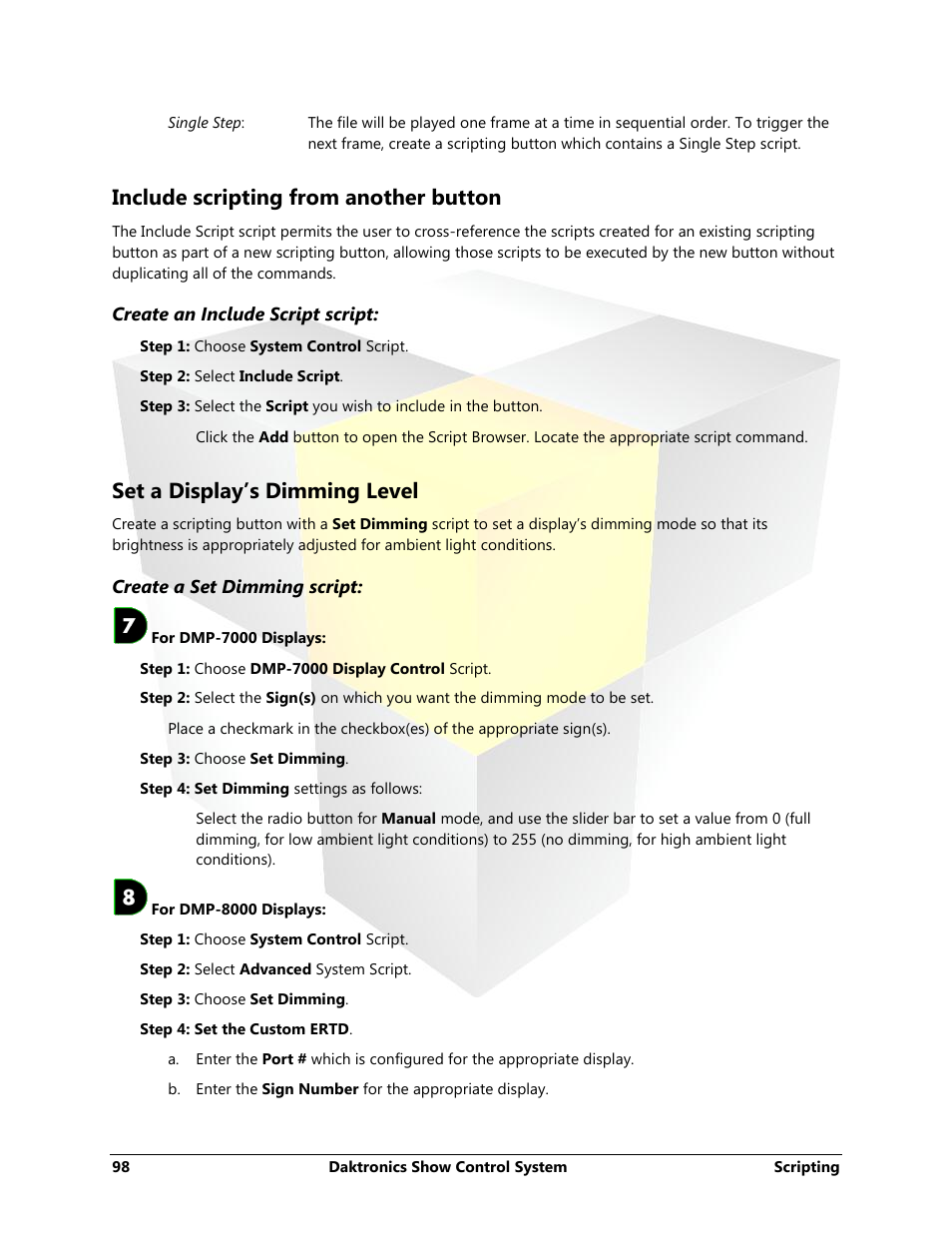 Include scripting from another button, Set a display’s dimming level | Daktronics Show Control System User Manual | Page 105 / 146