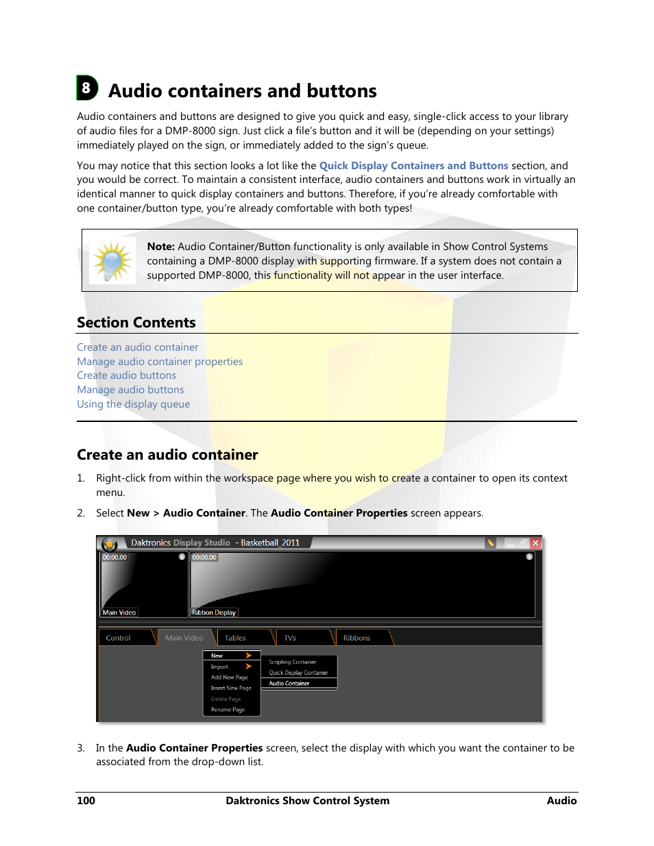 Audio containers and buttons, Create an audio container | Daktronics Show Control System User Manual | Page 107 / 146
