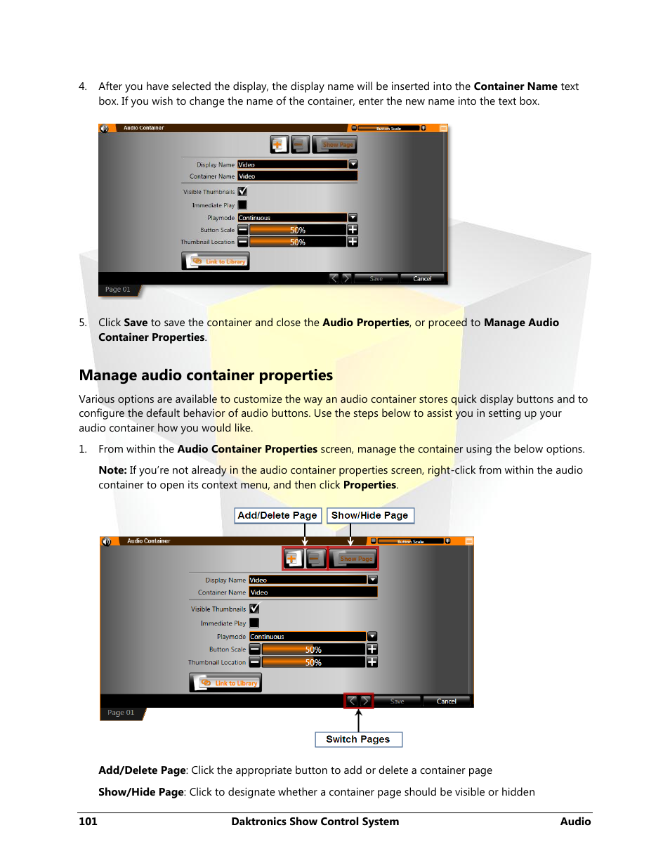 Manage audio container properties | Daktronics Show Control System User Manual | Page 108 / 146