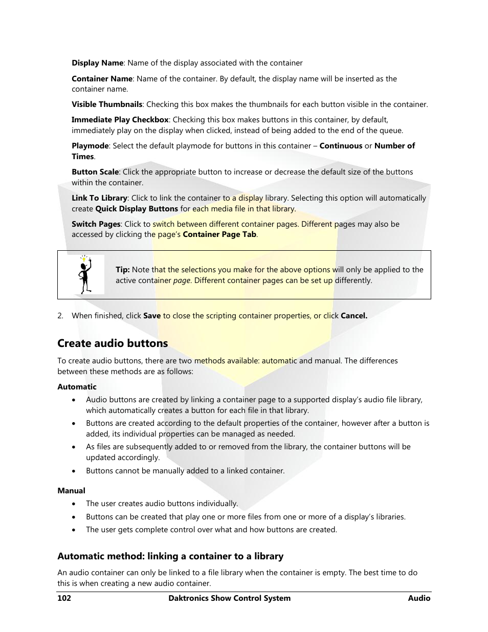 Create audio buttons, Automatic method: linking a container to a library | Daktronics Show Control System User Manual | Page 109 / 146