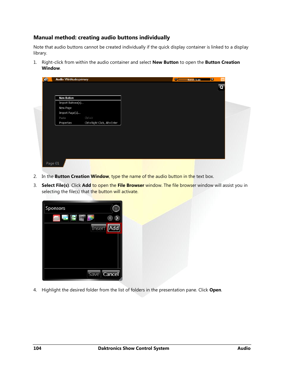 Manual method: creating audio buttons individually | Daktronics Show Control System User Manual | Page 111 / 146