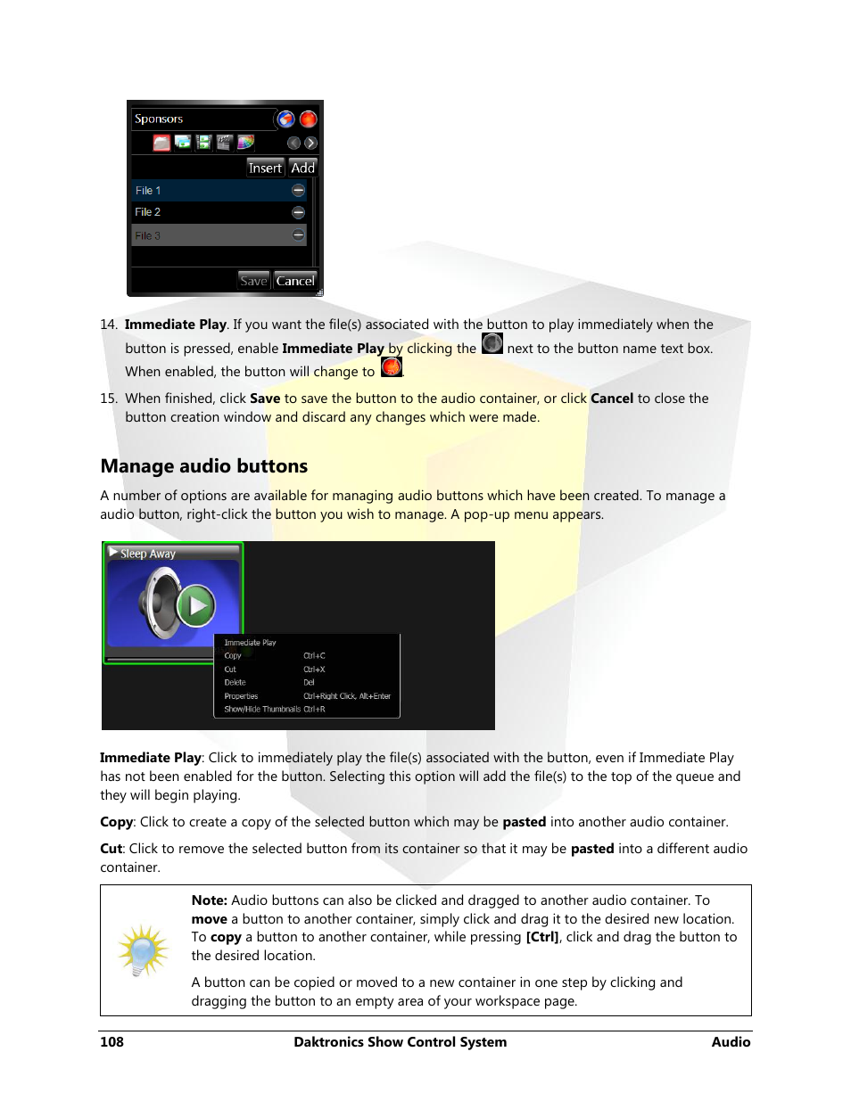 Manage audio buttons | Daktronics Show Control System User Manual | Page 115 / 146