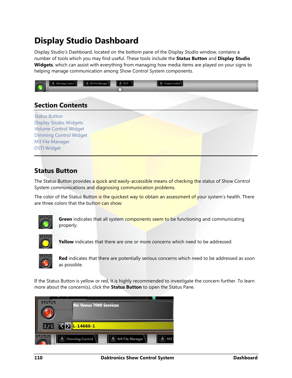 Display studio dashboard, Status button | Daktronics Show Control System User Manual | Page 117 / 146