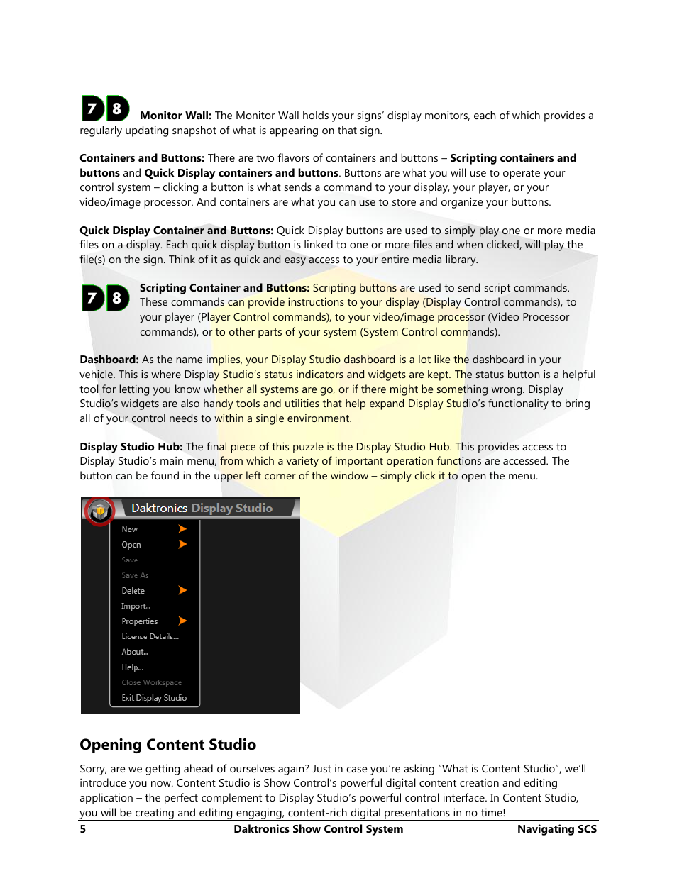 Opening content studio | Daktronics Show Control System User Manual | Page 12 / 146