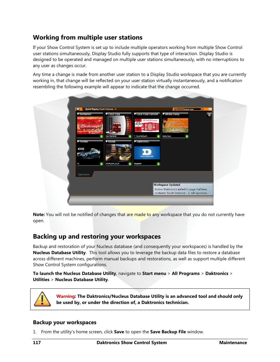 Working from multiple user stations, Backing up and restoring your workspaces, Backup your workspaces | Daktronics Show Control System User Manual | Page 124 / 146