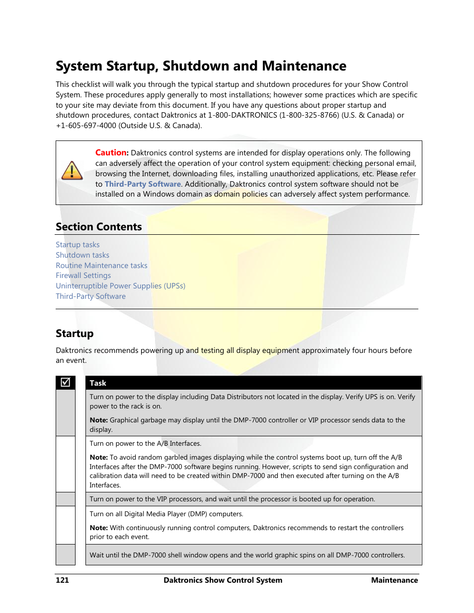 System startup, shutdown and maintenance, Startup | Daktronics Show Control System User Manual | Page 128 / 146