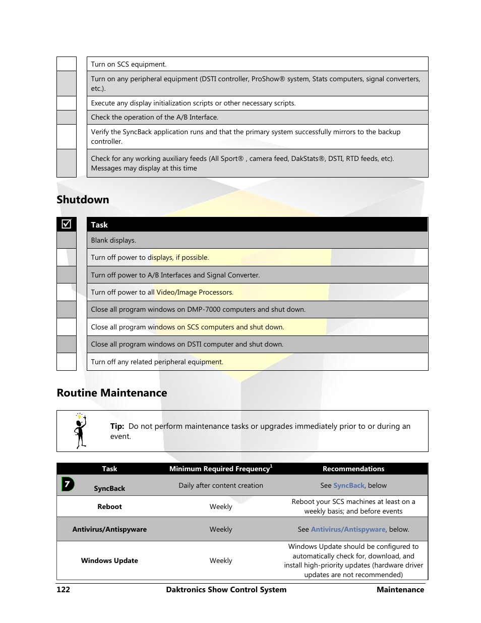 Shutdown, Routine maintenance, Shutdown tasks | Routine maintenance tasks | Daktronics Show Control System User Manual | Page 129 / 146
