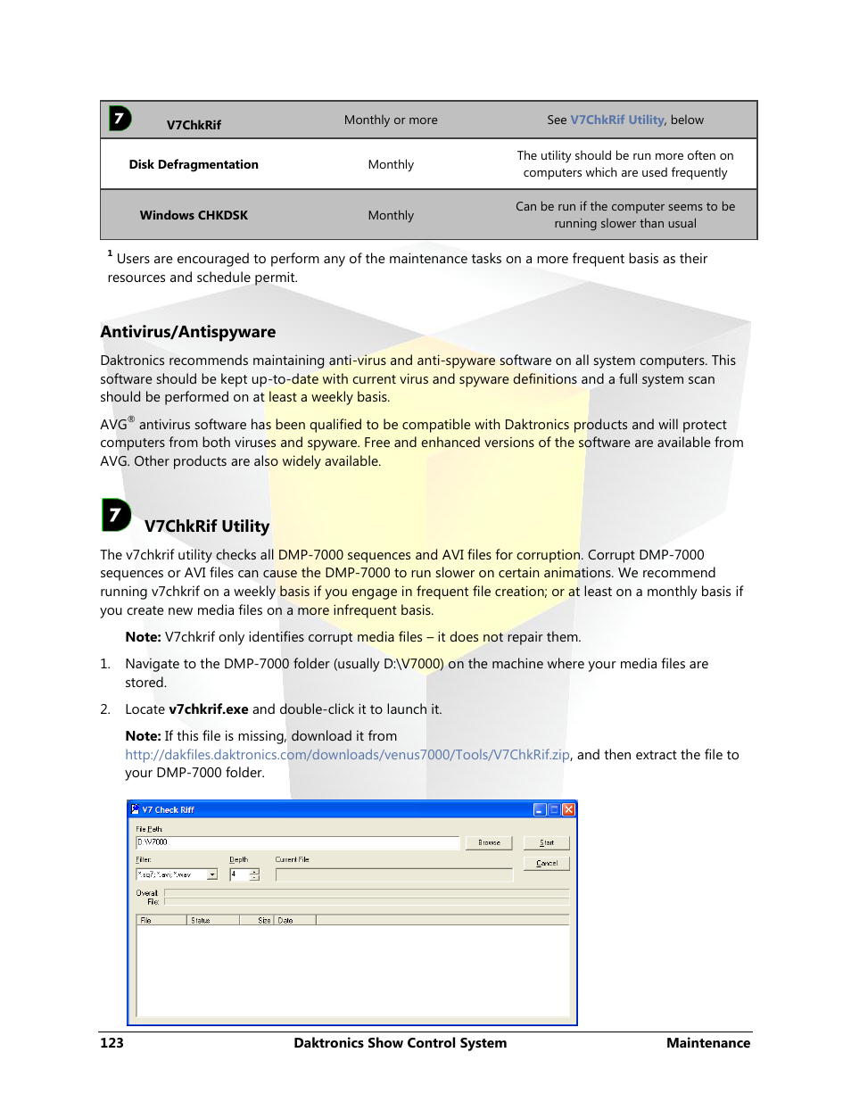 Antivirus/antispyware, V7chkrif utility | Daktronics Show Control System User Manual | Page 130 / 146