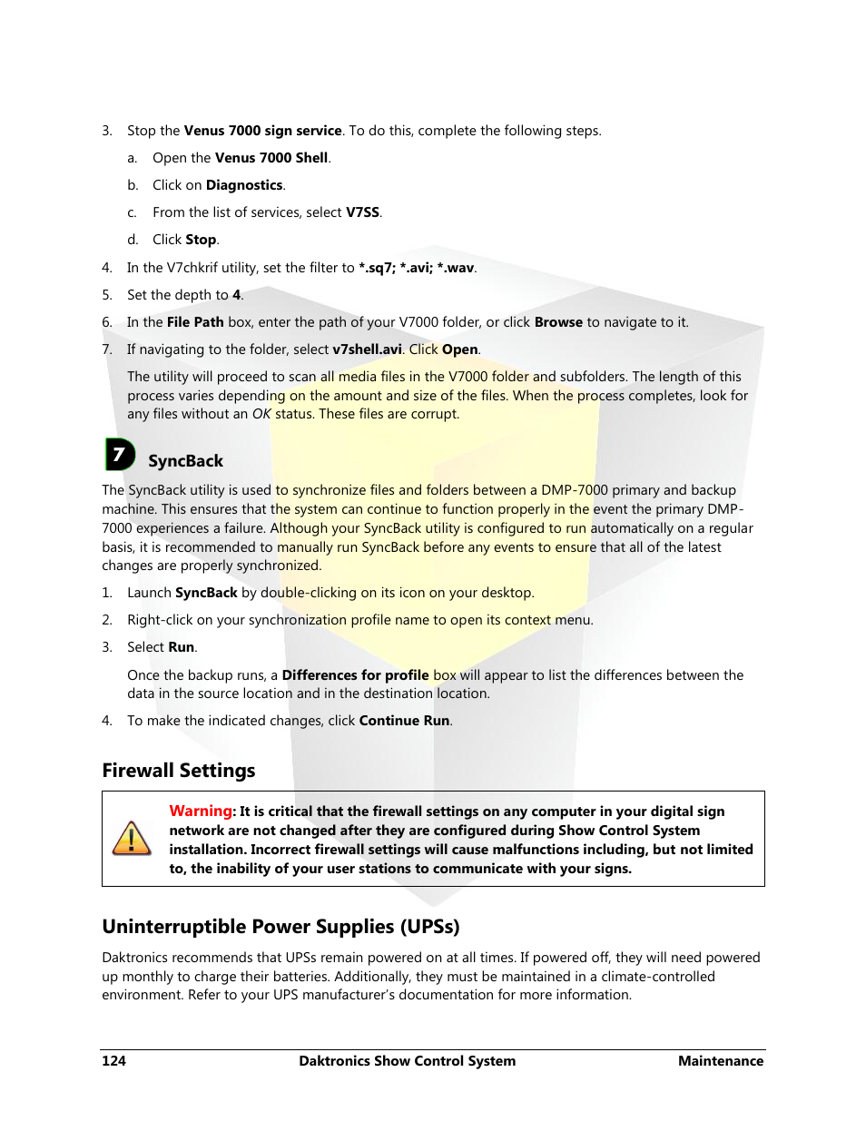 Syncback, Firewall settings, Uninterruptible power supplies (upss) | Daktronics Show Control System User Manual | Page 131 / 146