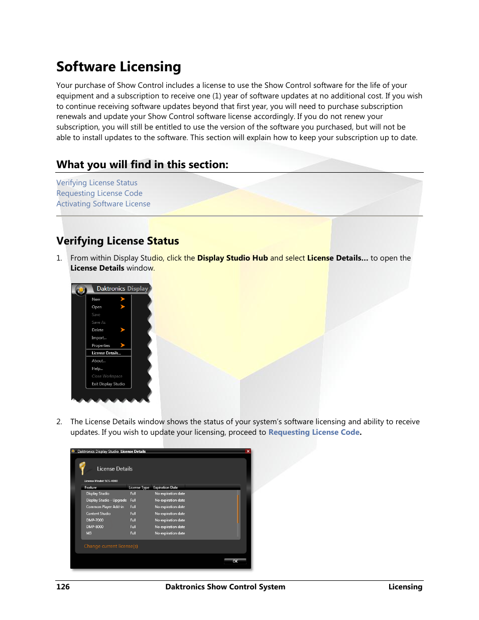 Software licensing, Verifying license status, Troubleshooting | Daktronics Show Control System User Manual | Page 133 / 146