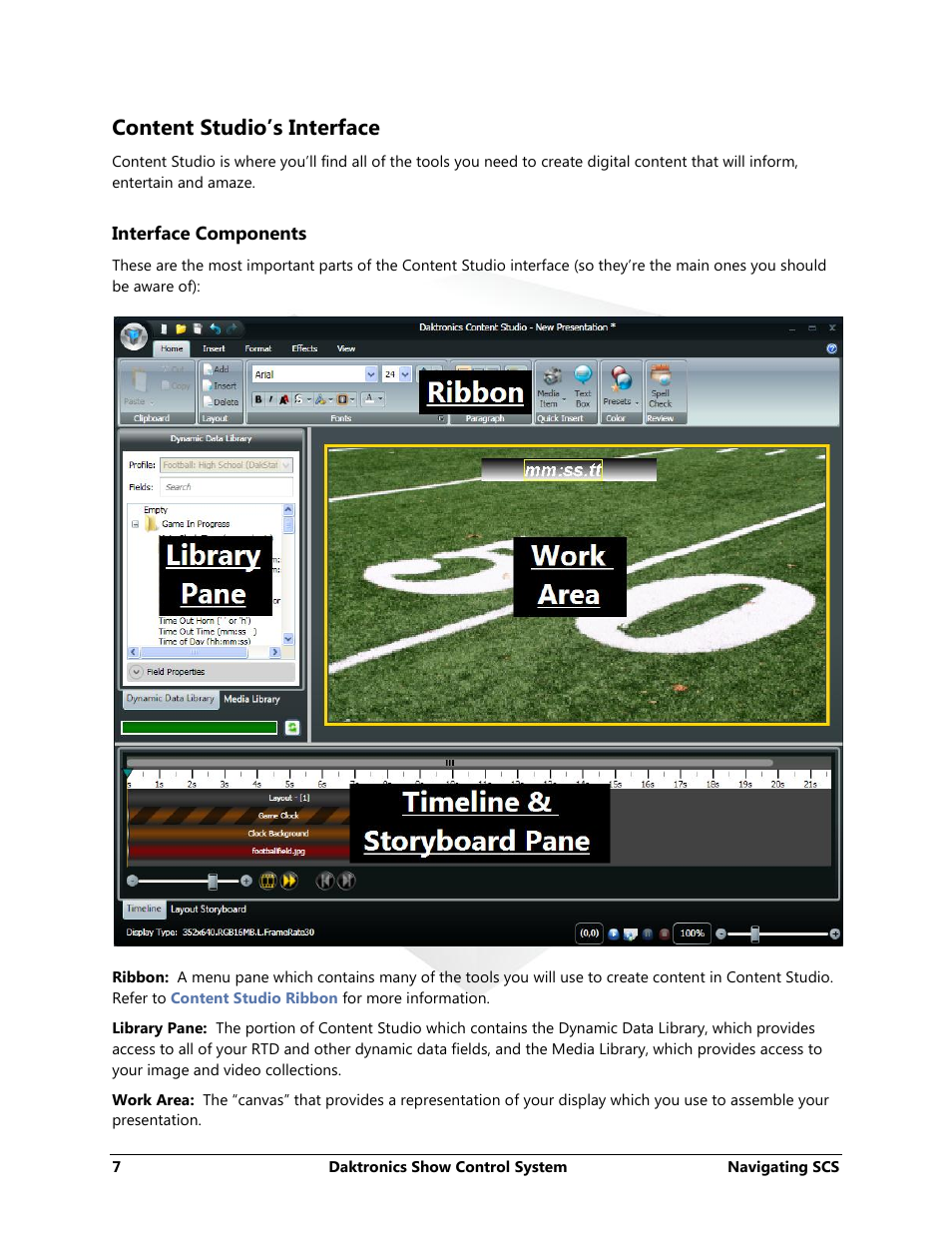 Content studio’s interface, Interface components | Daktronics Show Control System User Manual | Page 14 / 146