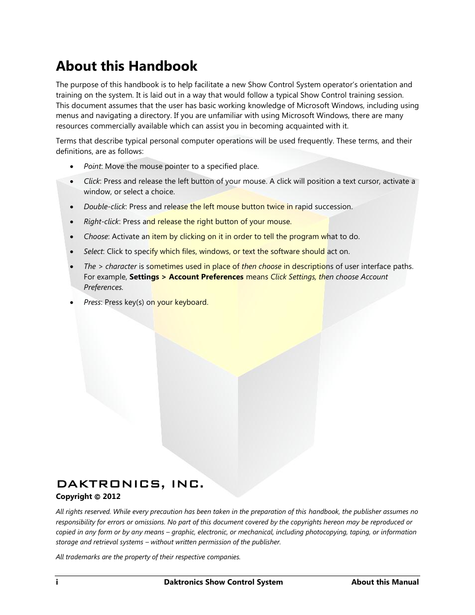 About this handbook, Daktronics, inc | Daktronics Show Control System User Manual | Page 2 / 146