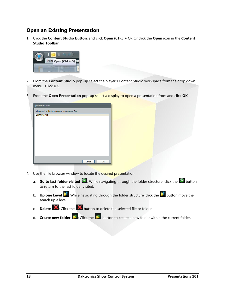 Open an existing presentation | Daktronics Show Control System User Manual | Page 20 / 146