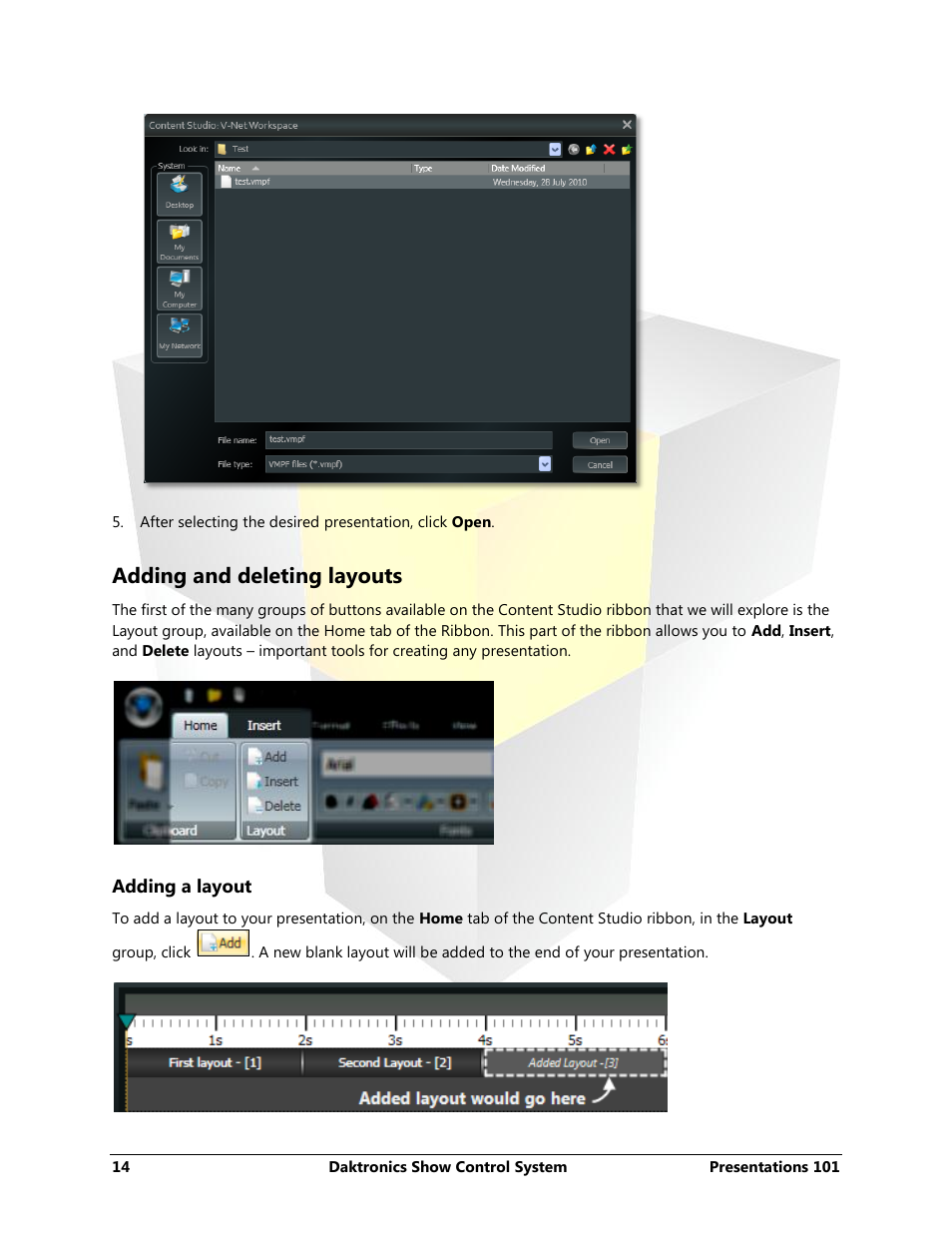 Adding and deleting layouts, Adding a layout | Daktronics Show Control System User Manual | Page 21 / 146