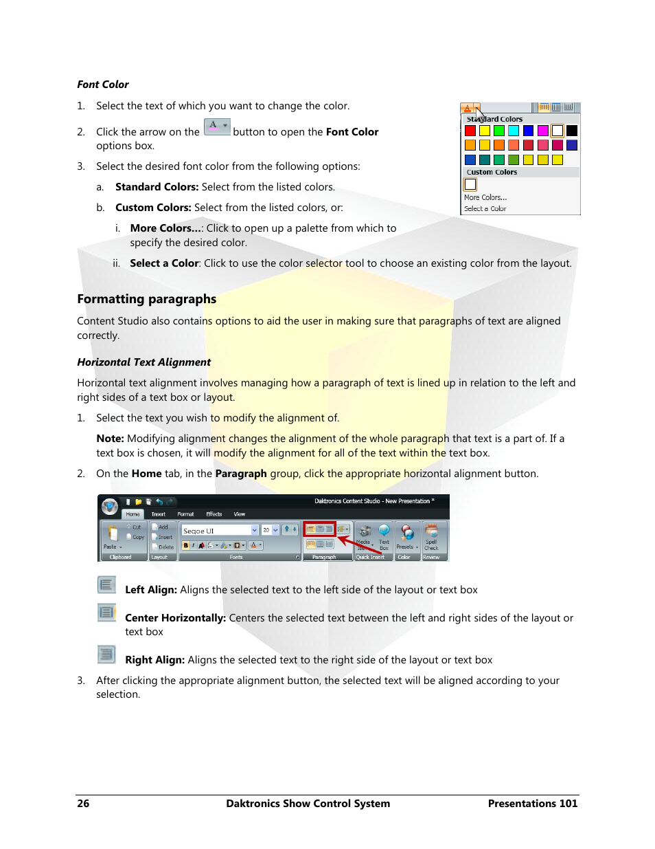 Formatting paragraphs, Font color | Daktronics Show Control System User Manual | Page 33 / 146