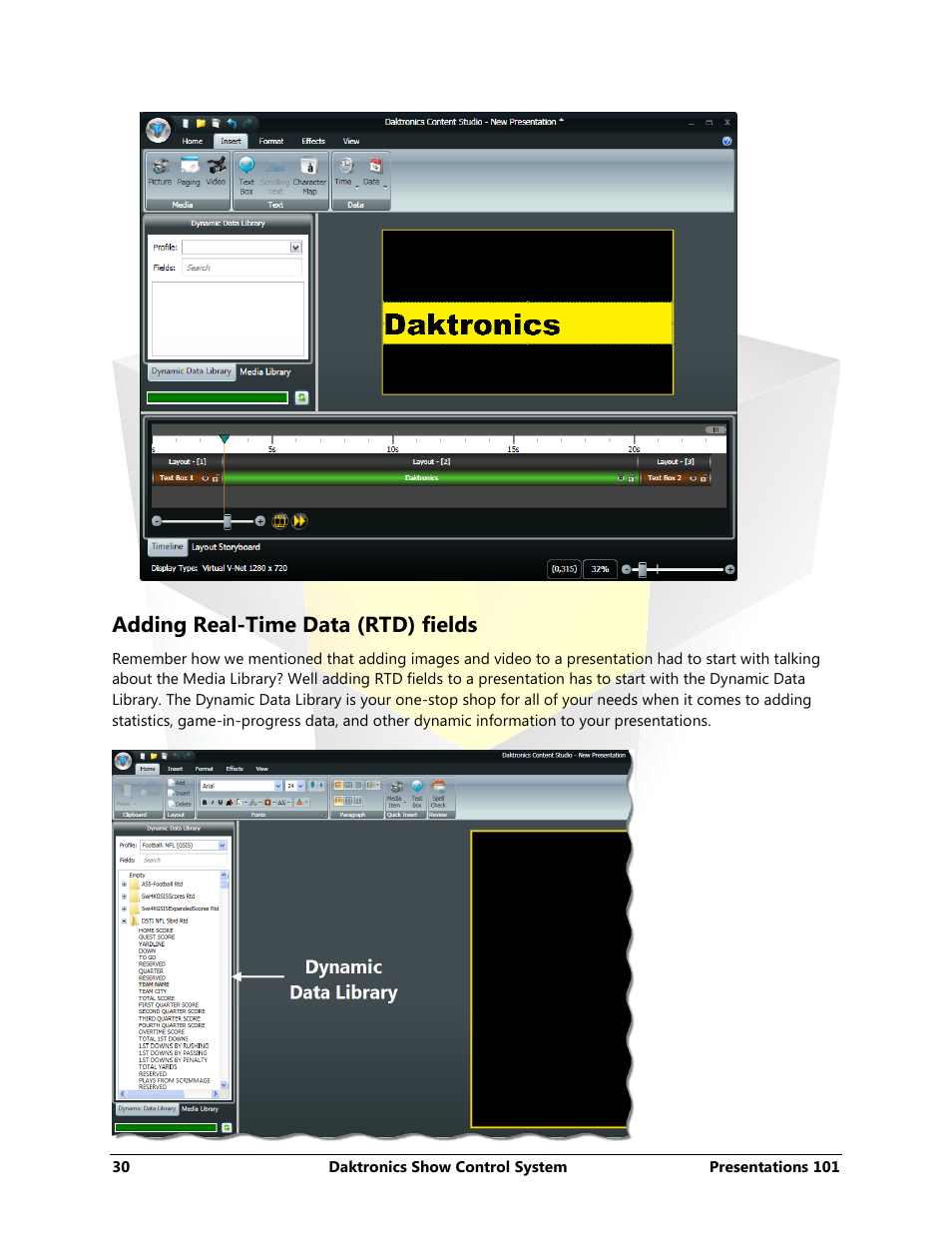 Adding real-time data (rtd) fields | Daktronics Show Control System User Manual | Page 37 / 146