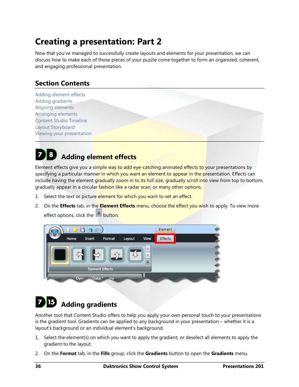 Creating a presentation: part 2, Adding element effects, Adding gradients | Daktronics Show Control System User Manual | Page 43 / 146