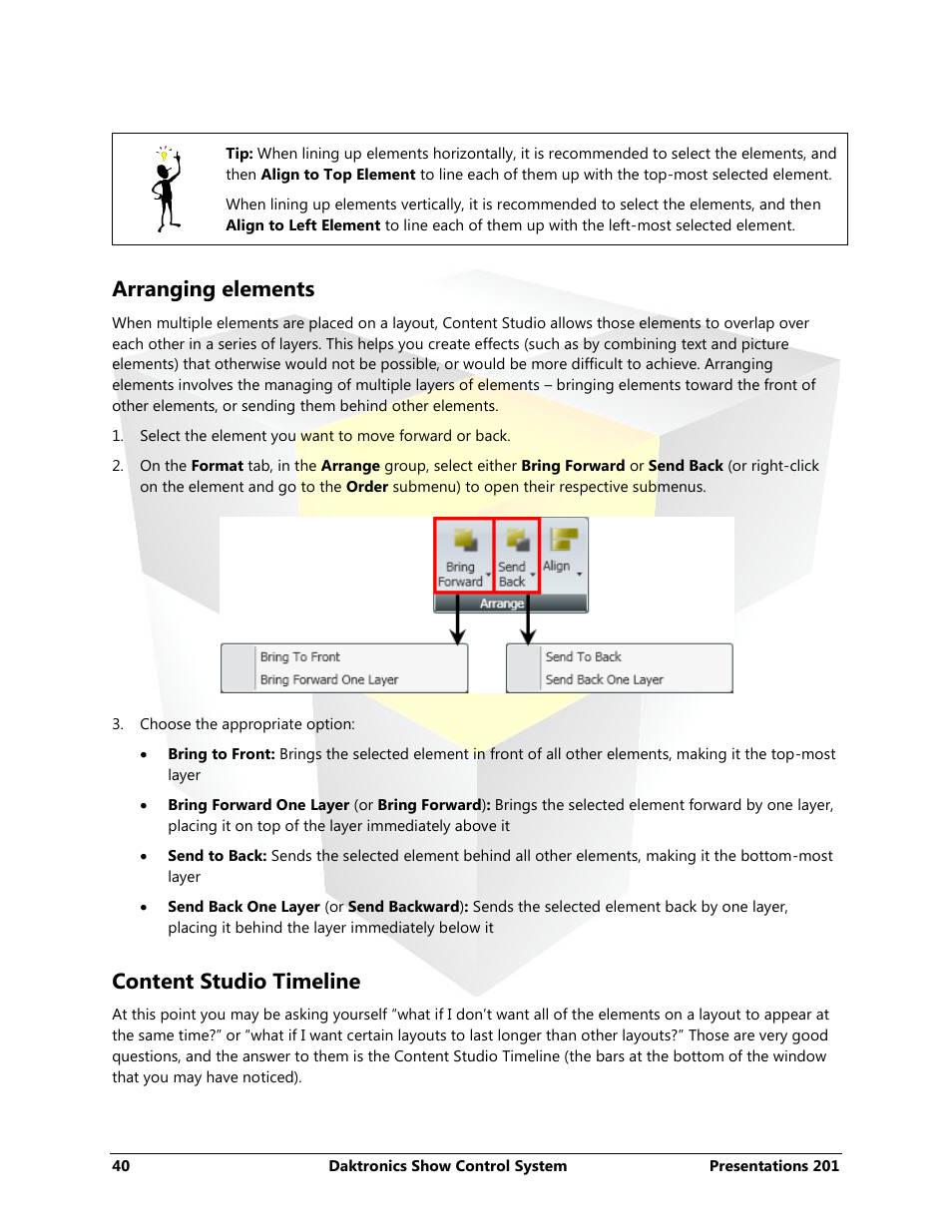 Arranging elements, Content studio timeline | Daktronics Show Control System User Manual | Page 47 / 146
