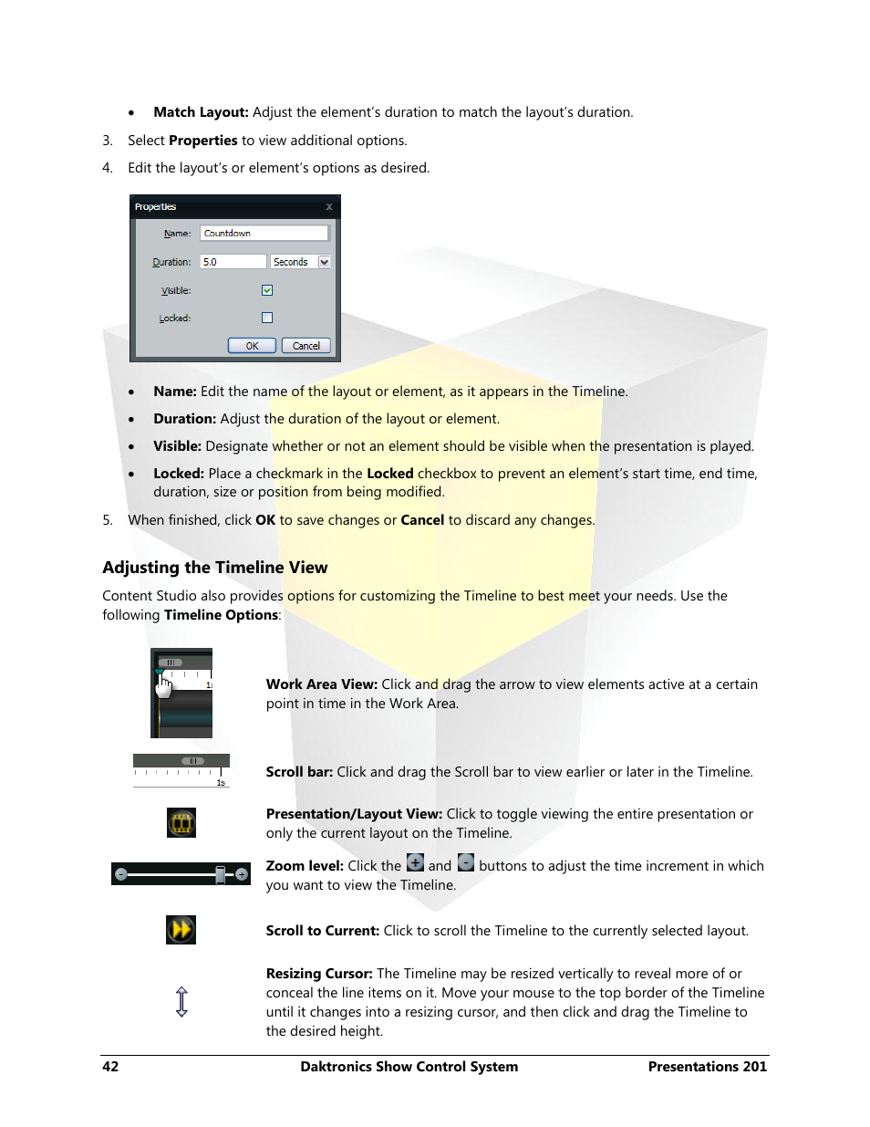 Adjusting the timeline view | Daktronics Show Control System User Manual | Page 49 / 146