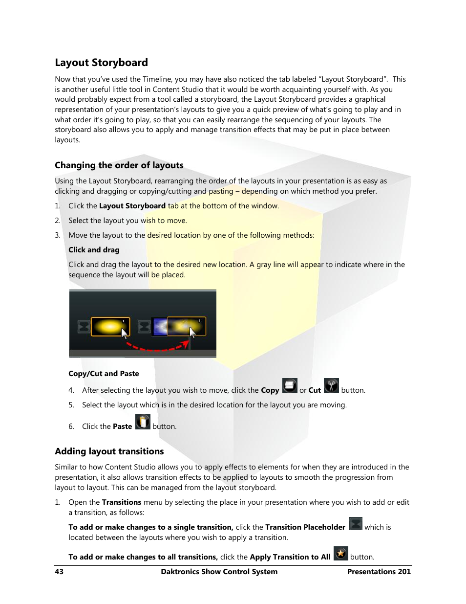 Layout storyboard, Changing the order of layouts, Adding layout transitions | Daktronics Show Control System User Manual | Page 50 / 146