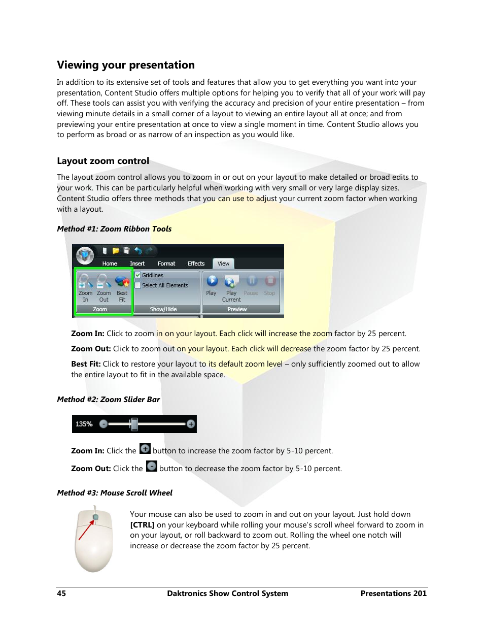 Viewing your presentation, Layout zoom control | Daktronics Show Control System User Manual | Page 52 / 146