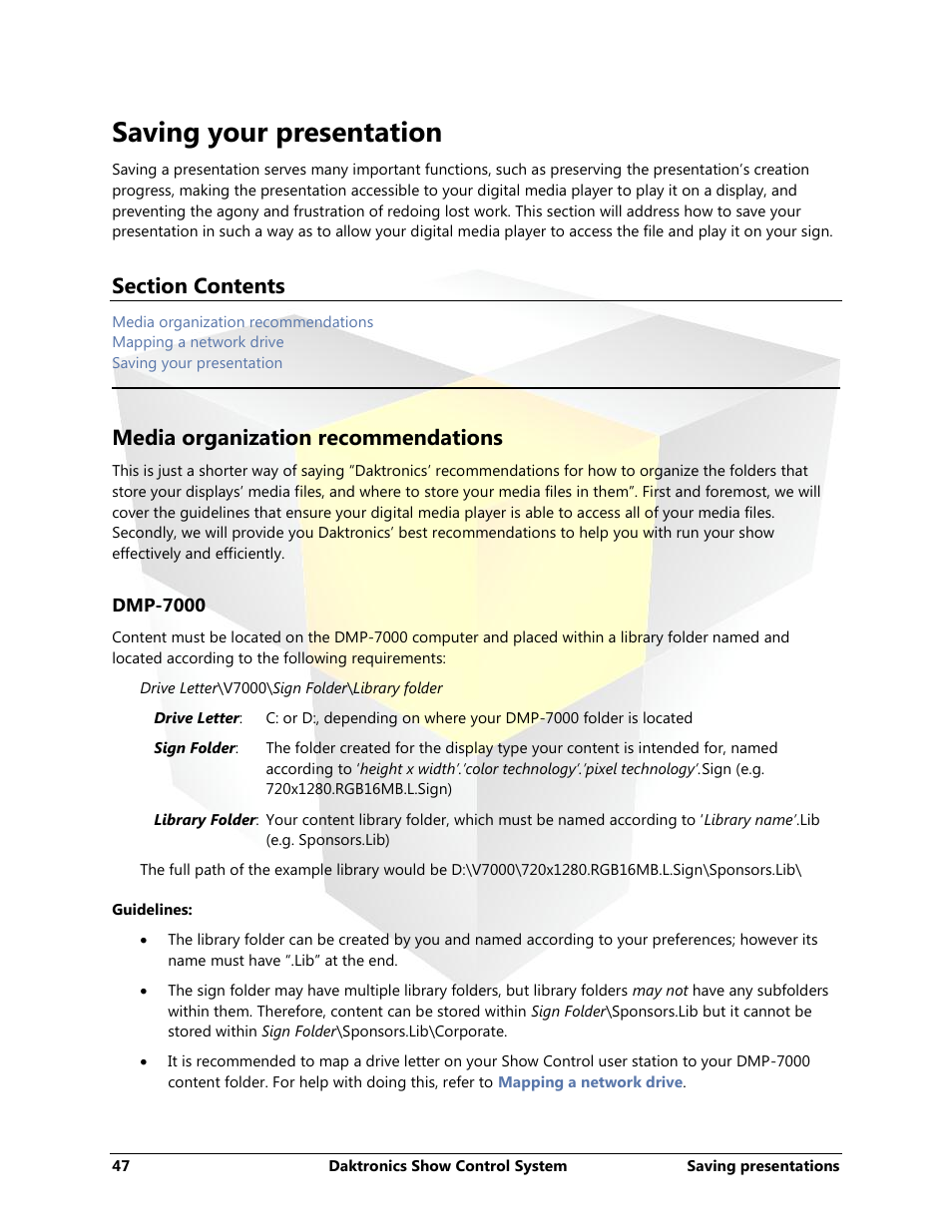 Saving your presentation, Media organization recommendations, Dmp-7000 | Daktronics Show Control System User Manual | Page 54 / 146