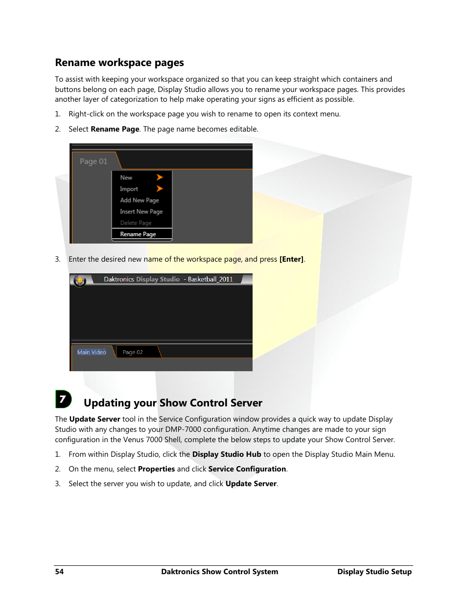Updating your show control server, Adding content to digital media player, Rename workspace pages | Daktronics Show Control System User Manual | Page 61 / 146