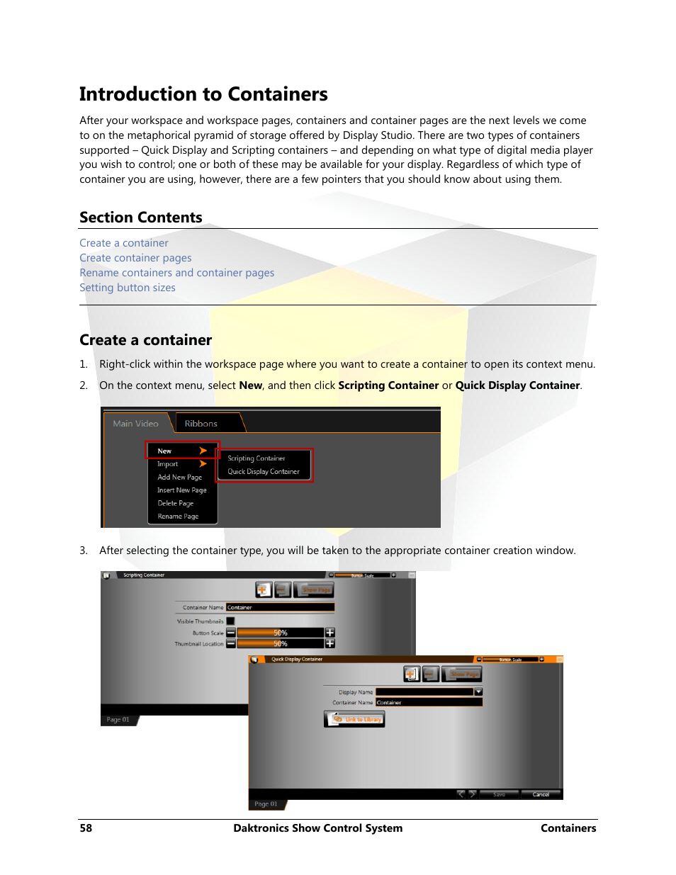 Introduction to containers, Create a container | Daktronics Show Control System User Manual | Page 65 / 146