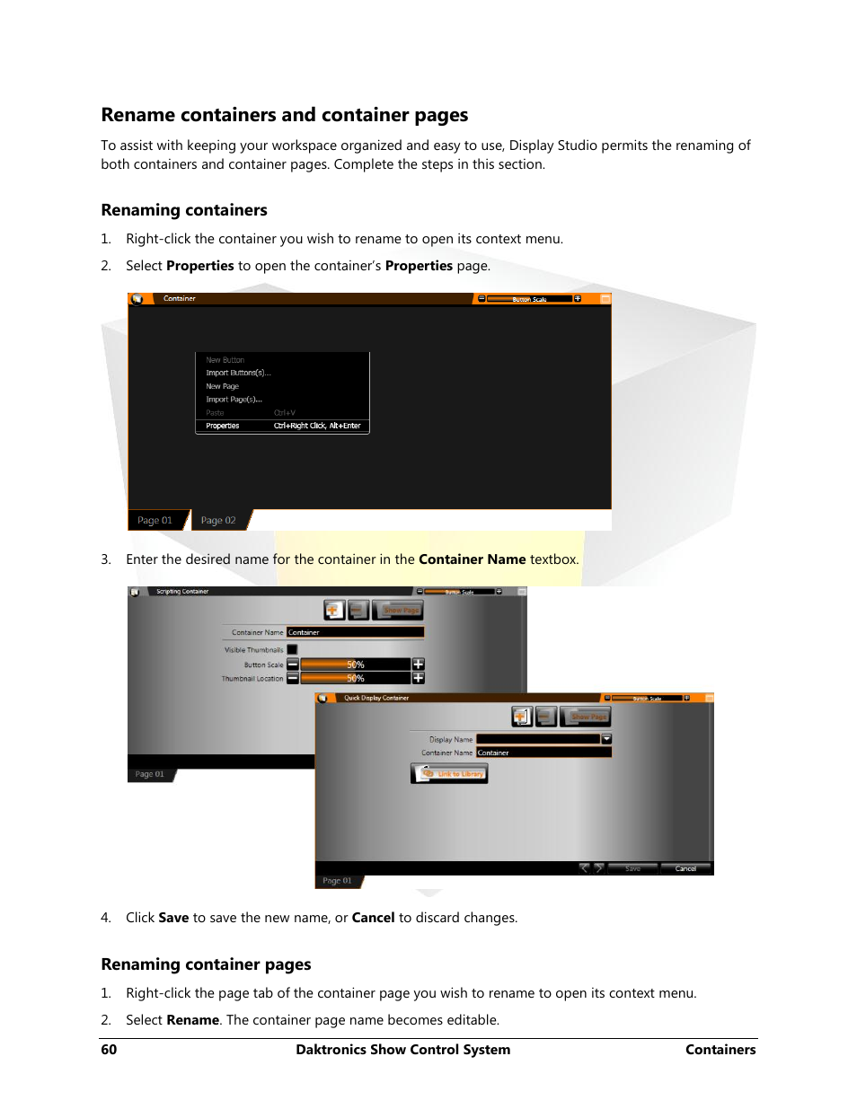 Renaming containers, Rename containers and container pages | Daktronics Show Control System User Manual | Page 67 / 146