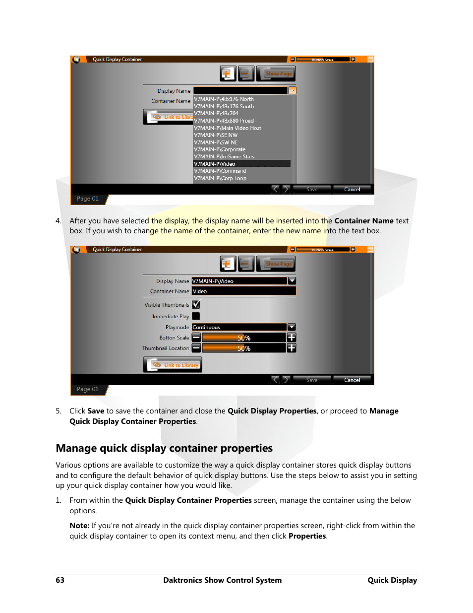 Manage quick display container properties | Daktronics Show Control System User Manual | Page 70 / 146