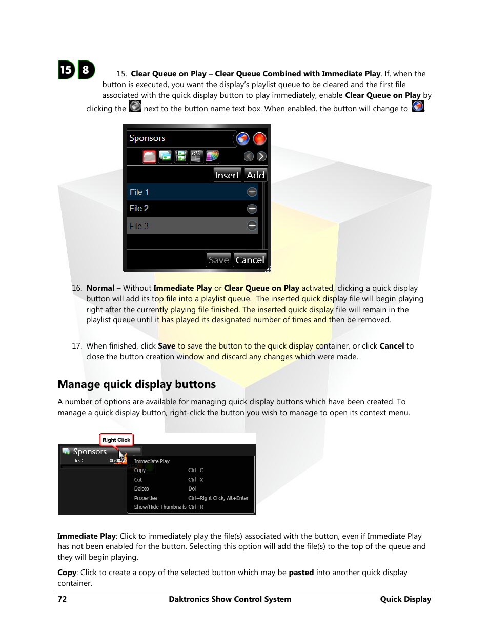 Manage quick display buttons | Daktronics Show Control System User Manual | Page 79 / 146
