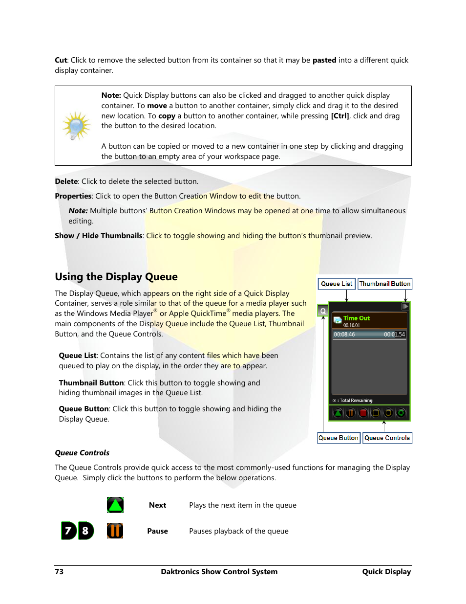 Using the display queue, Using the quick display queue | Daktronics Show Control System User Manual | Page 80 / 146