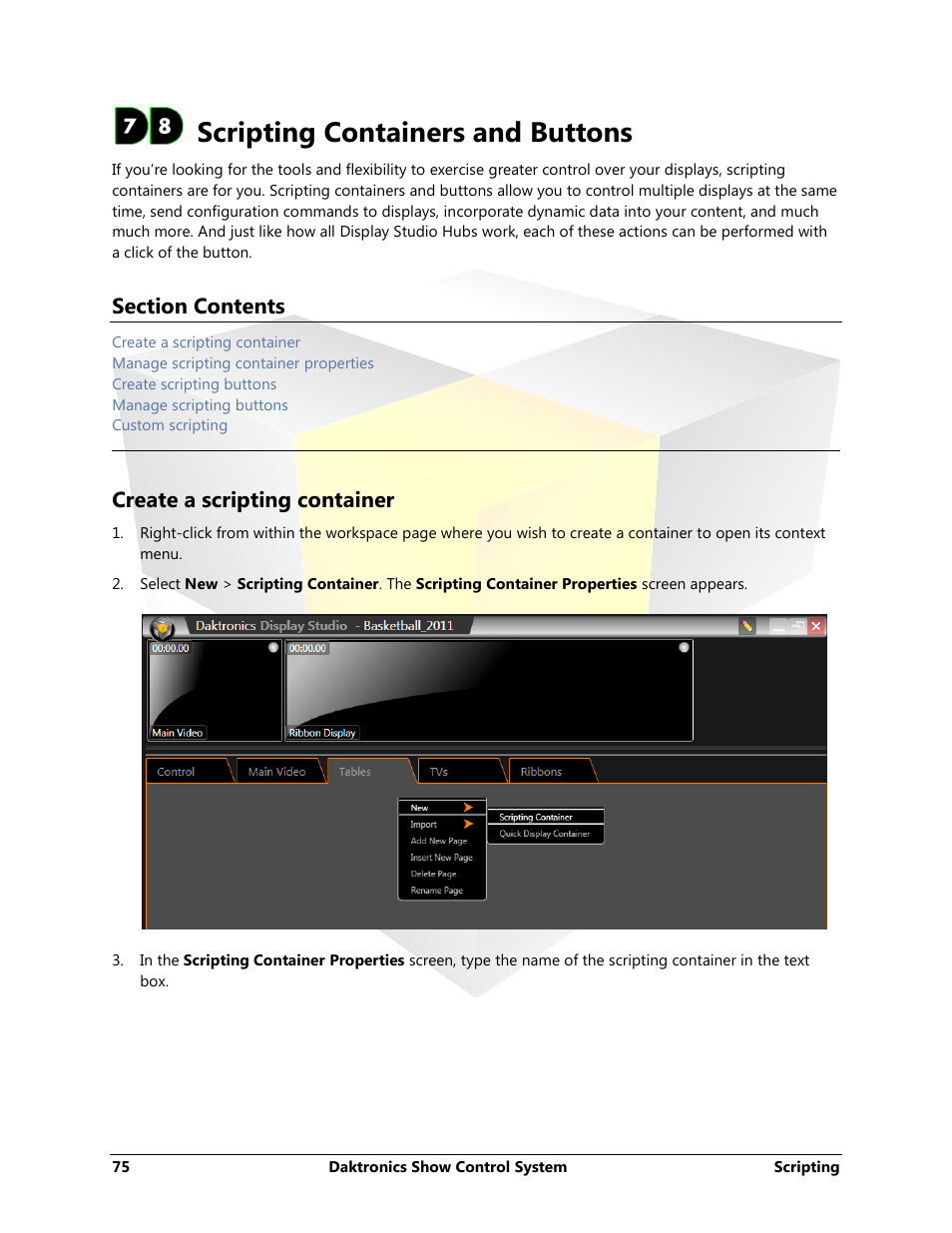 Scripting containers and buttons, Create a scripting container | Daktronics Show Control System User Manual | Page 82 / 146