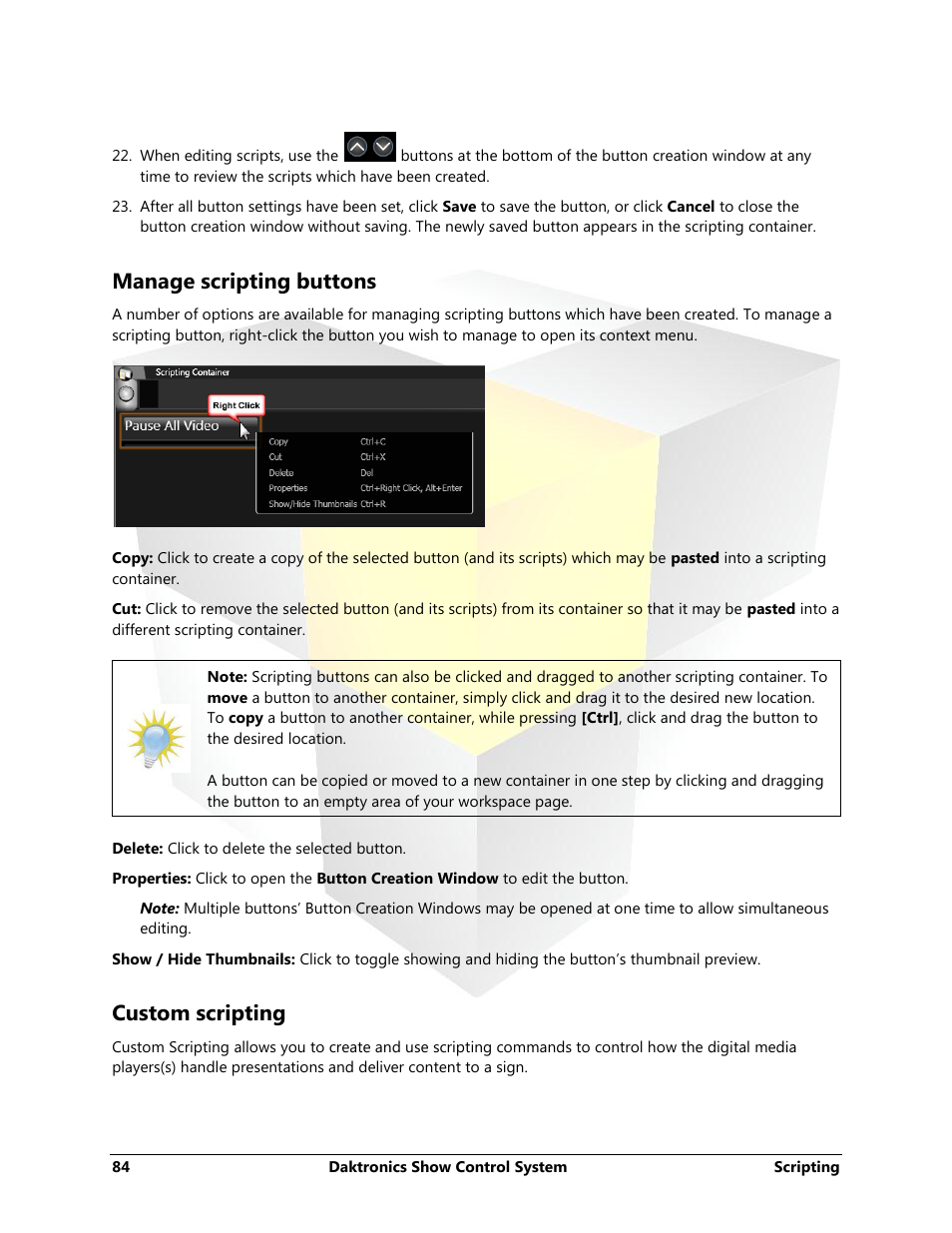 Manage scripting buttons, Custom scripting | Daktronics Show Control System User Manual | Page 91 / 146