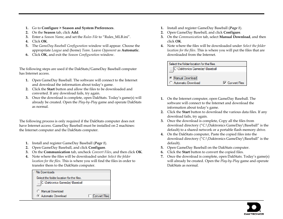 Setting up a new season in dakstats, Mlb pregame procedure, Manual download | Setup on the internet computer, Setup on the dakstats computer, Manual download procedure, Mlb gameday baseball quick start guide 2 of 3 | Daktronics MLB GameDay Baseball User Manual | Page 2 / 3