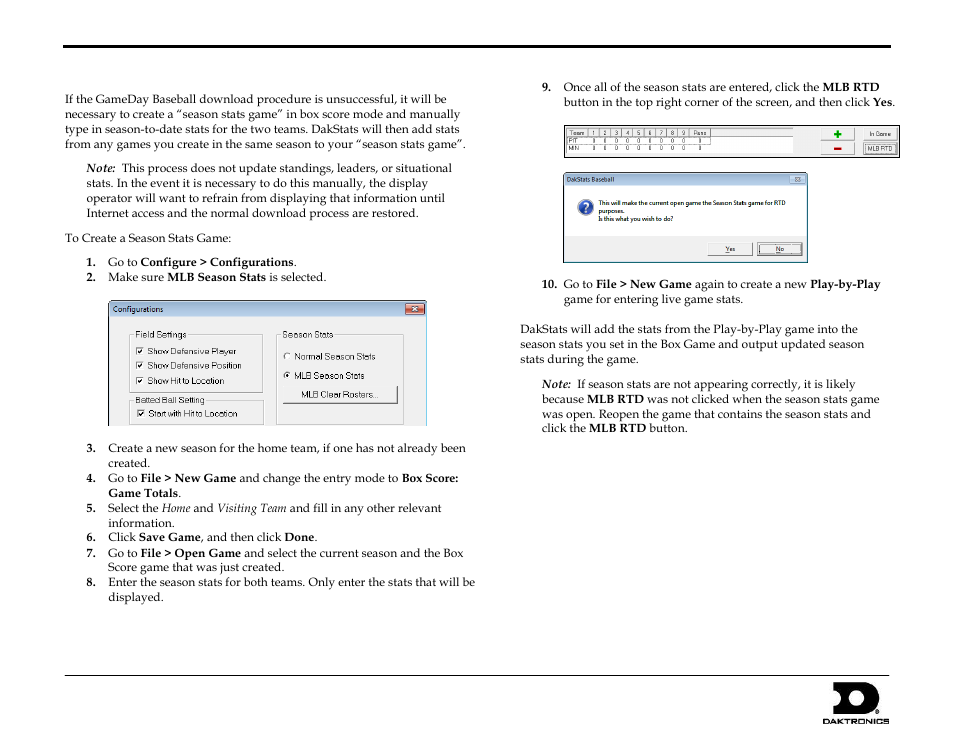 Manually entering season stats in dakstats, Mlb gameday baseball quick start guide 3 of 3 | Daktronics MLB GameDay Baseball User Manual | Page 3 / 3