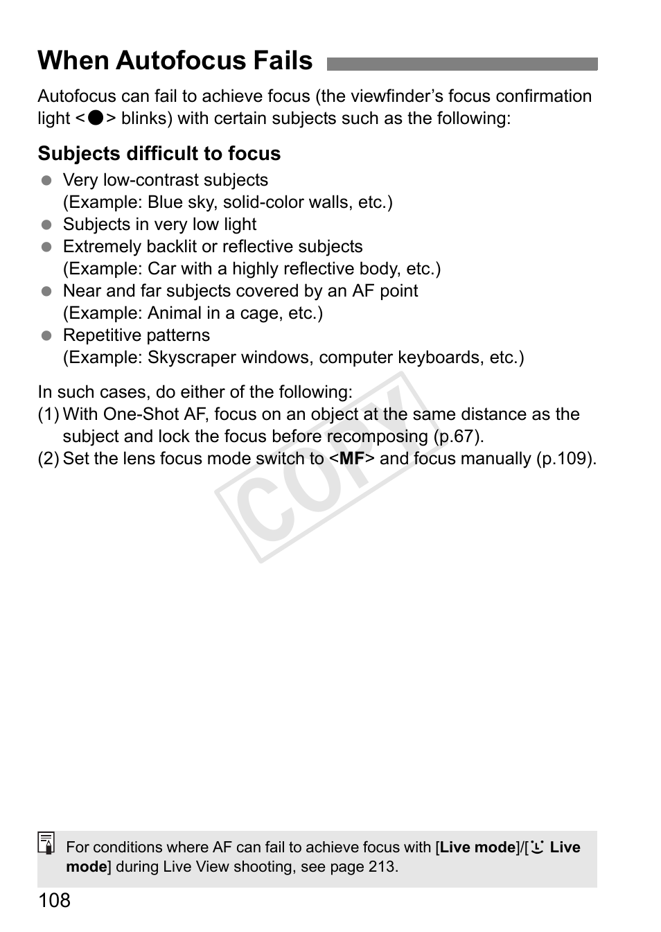 When autofocus fails, Cop y | Canon 1D X User Manual | Page 108 / 420