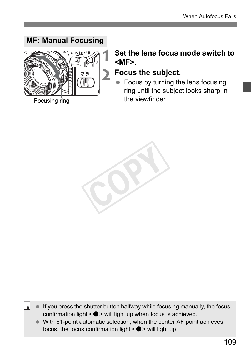 Mf: manual focusing, P.109, Cop y | Canon 1D X User Manual | Page 109 / 420