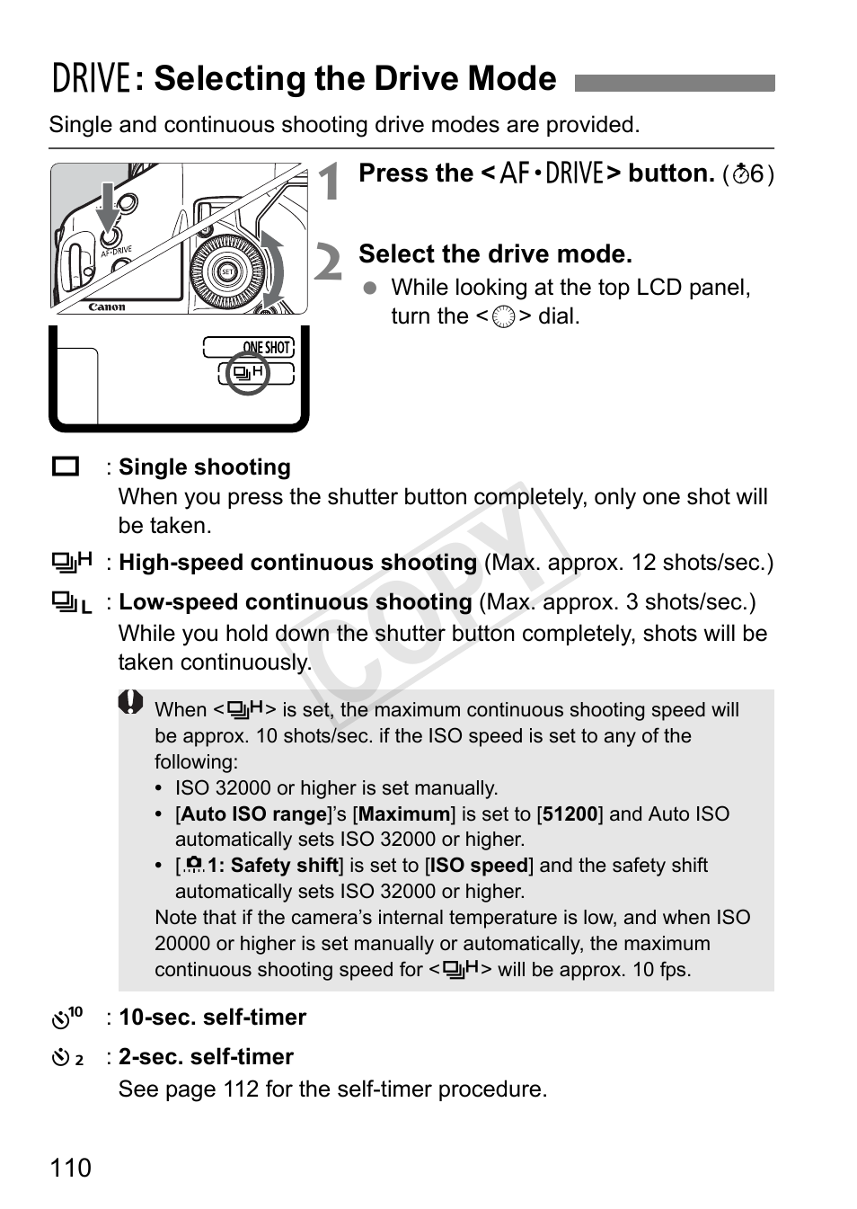 Selecting the drive mode, P.110, Cop y | Canon 1D X User Manual | Page 110 / 420