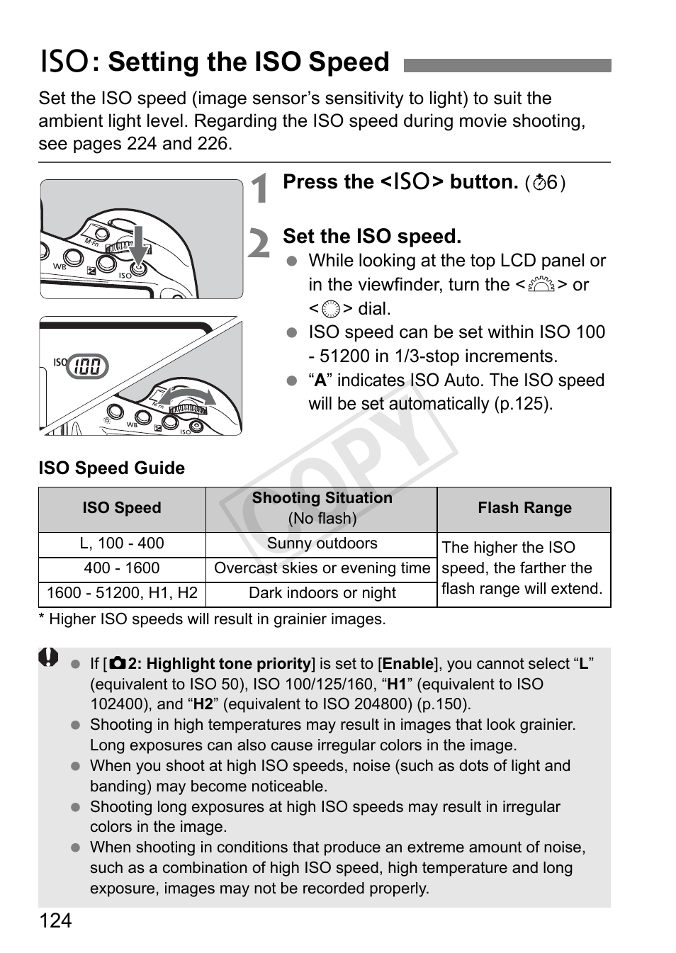 Setting the iso speed, P.124, Cop y | I: setting the iso speed | Canon 1D X User Manual | Page 124 / 420